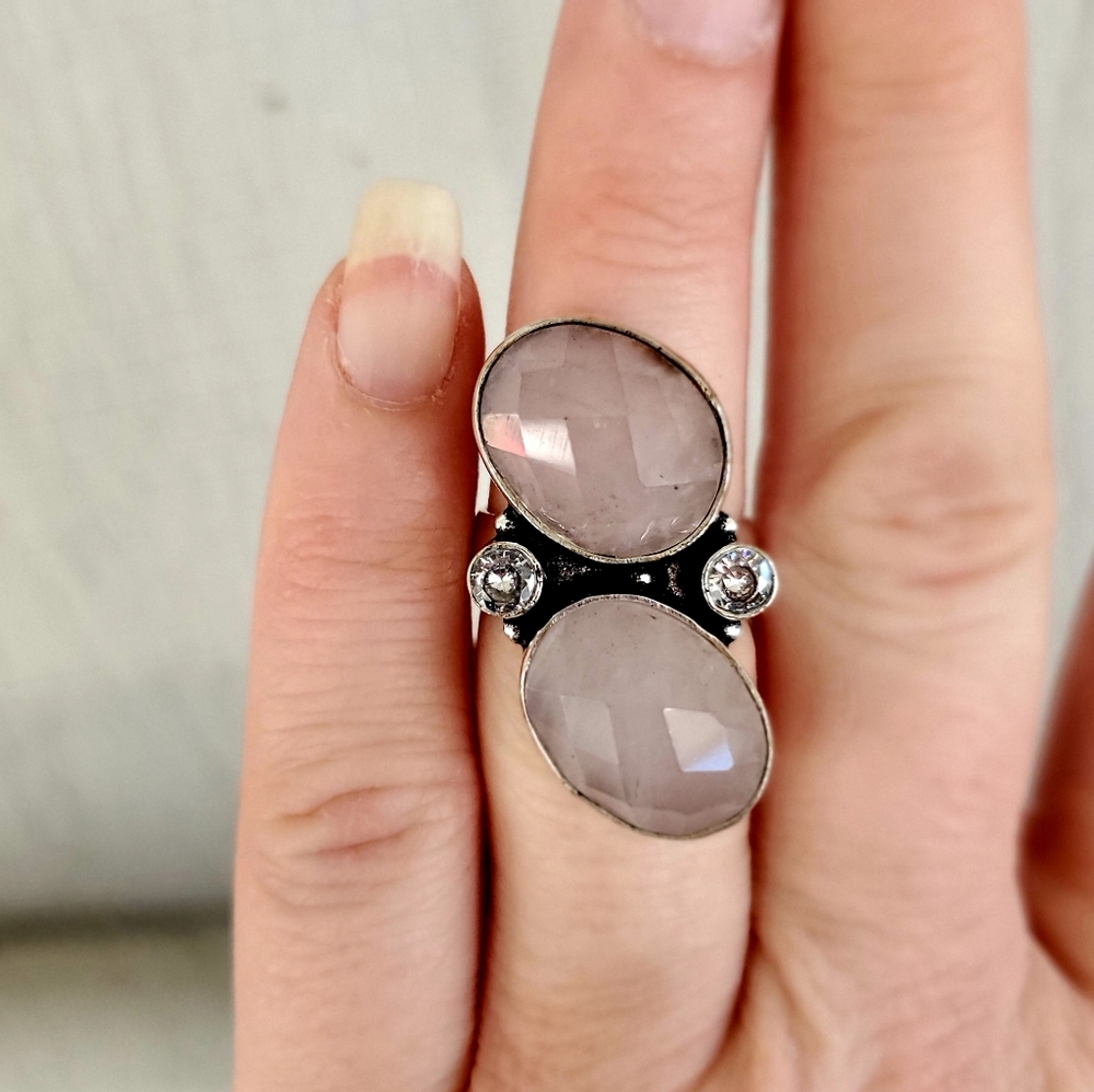 New Rose Quartz & White Topaz 925 Silver Ring.